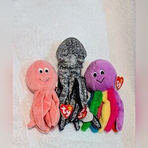Ty Beanie Baby Octopuses: Inky, Opie, And Blinky with Tags On From 1990's
